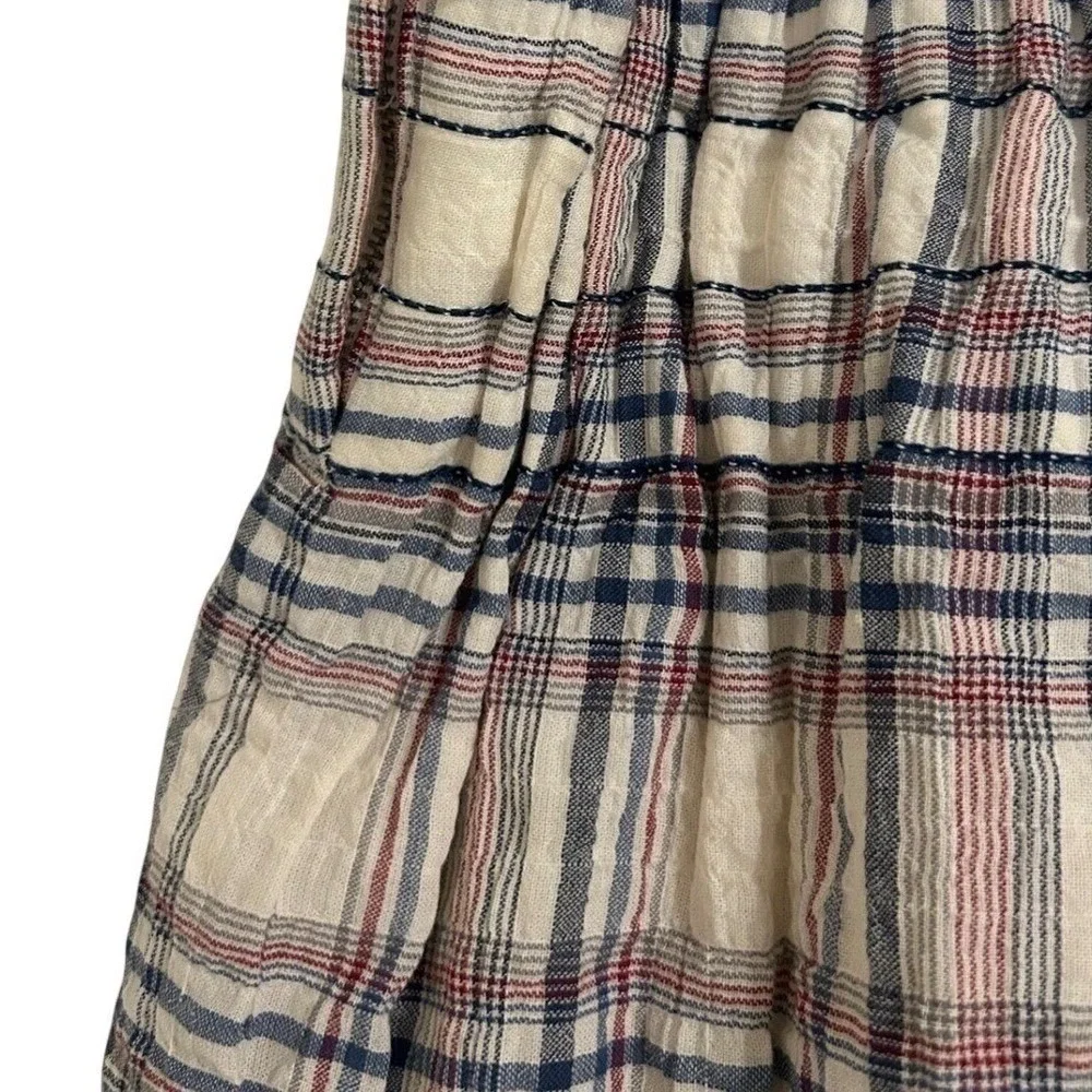 Max Studio Plaid Smocked Mini Skirt Womens 8 Blue Red Cream Cotton Tiered Ruffle